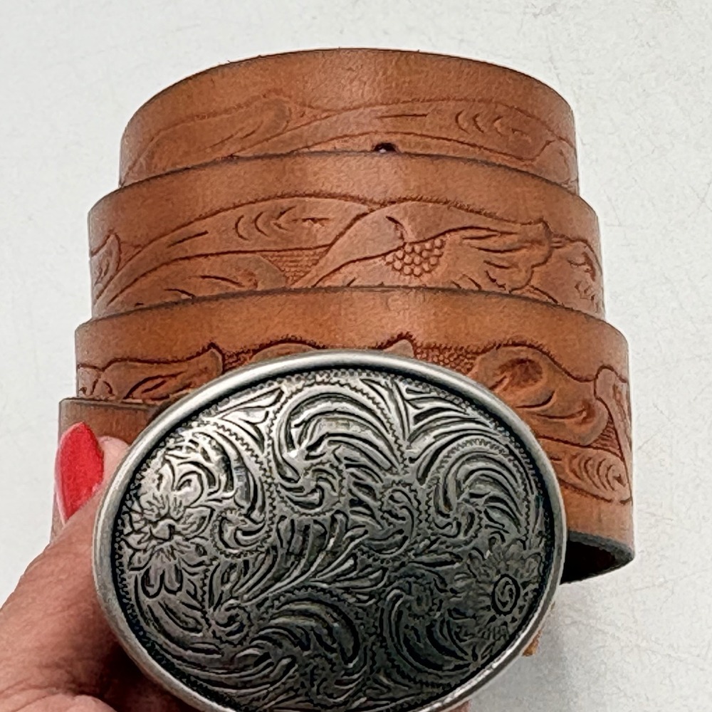 VTG Xhilaration Western Embossed Leather Belt Brown Floral Scroll Women's XL